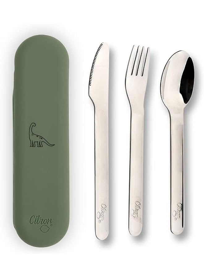 Citron Stainless Steel Cutlery Set 3 pc Silverware Fork, Spoon and Knife, Reusable Travel Utensils & Flatware Set for Kids- Dino-Green - Image 1