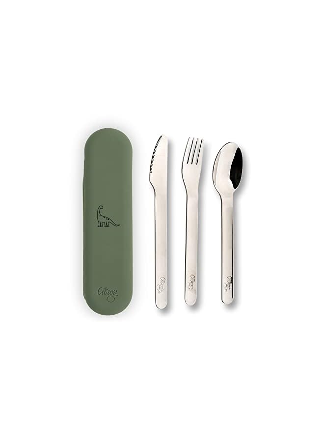 Citron Stainless Steel Cutlery Set 3 pc Silverware Fork, Spoon and Knife, Reusable Travel Utensils & Flatware Set for Kids- Dino-Green - Image 2
