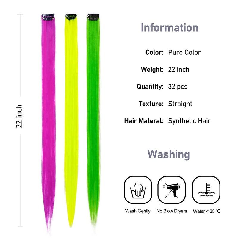 KGBFASS 32Packs Colored Hair Extensions 20Inch Straight Color Clip in on Hair Extension Rainbow Party Highlights Synthetic Hairpiece for Girls (16 colors) - Image 3