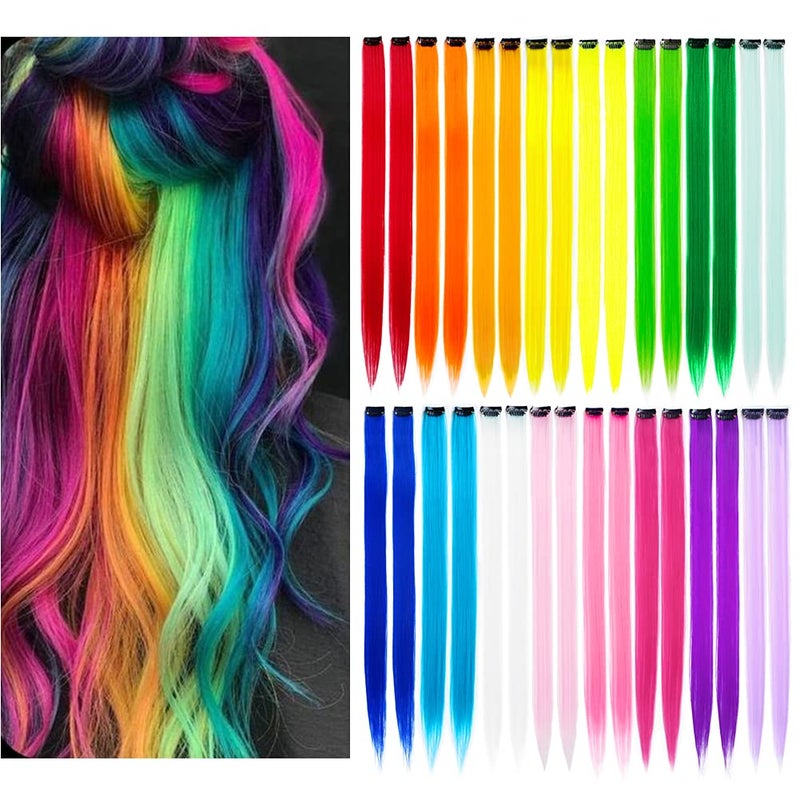 KGBFASS 32Packs Colored Hair Extensions 20Inch Straight Color Clip in on Hair Extension Rainbow Party Highlights Synthetic Hairpiece for Girls (16 colors) - Image 1