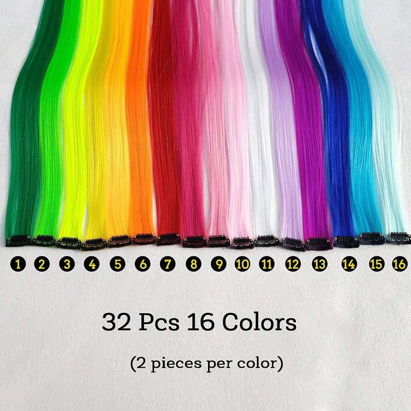KGBFASS 32Packs Colored Hair Extensions 20Inch Straight Color Clip in on Hair Extension Rainbow Party Highlights Synthetic Hairpiece for Girls (16 colors) - Image 4