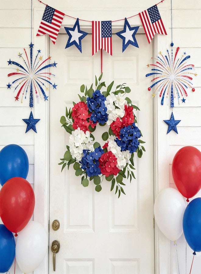 Tirdkid Patriotic Wreaths for Front Door 24 Inch 4th of July Wreath, Red White Blue Flower Wreaths, Perfect Memorial Day and Independence Day Decor - Image 2