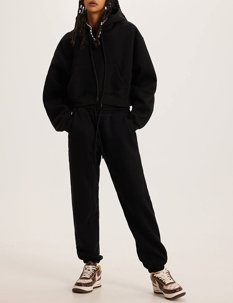 Eisctnd Women Fleece 2 Piece Tracksuits Fall Winter Sweatshirt Jogger Pants Matching Lounge Sets Thick Sweatsuits Pockets(Black-S) - Image 3