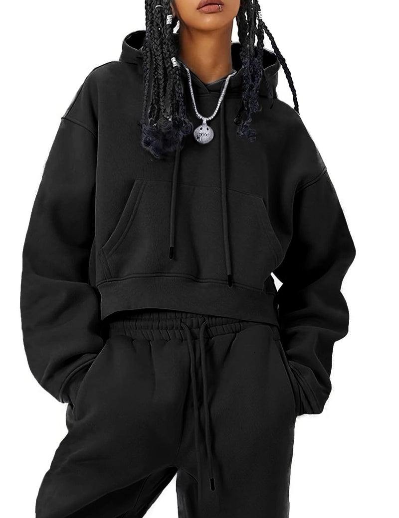 Eisctnd Women Fleece 2 Piece Tracksuits Fall Winter Sweatshirt Jogger Pants Matching Lounge Sets Thick Sweatsuits Pockets(Black-S) - Image 1