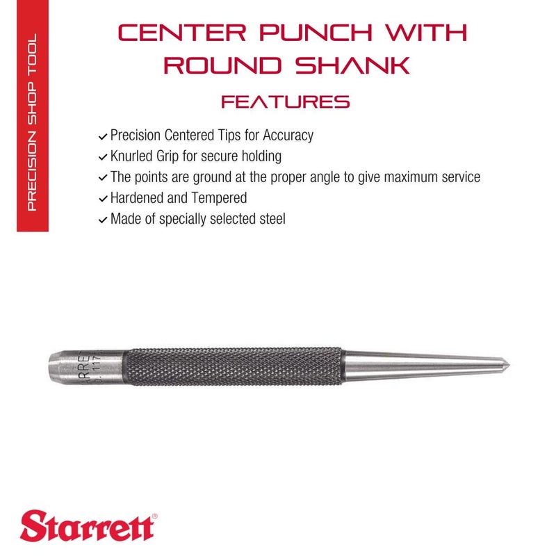 Starrett Steel Center Punch with Round Shank and Knurled Finger Grip  Hardened and Tempered 4 100mm Length 18 3mm Diameter Tapered Point  117C - Image 2