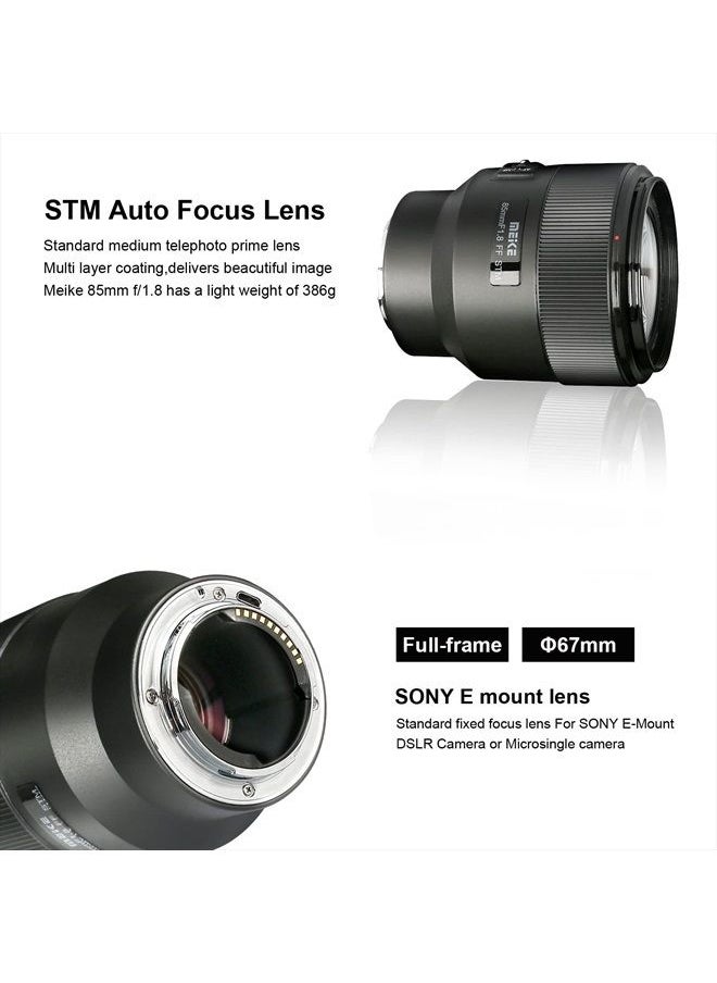 Meike - 85mm F1.8 Full Frame AF STM(A Stepping Motor) Lens Large Aperture Auto Focus Medium Telephoto Fixed Prime Portrait Lens for Sony E Mount Mirrorless Cameras A9 A7III A7II A7 A7R3 A7R4 - Image 1