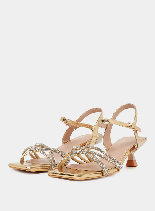 Styli Gold Embellished Strappy Kitten Heel Sandals