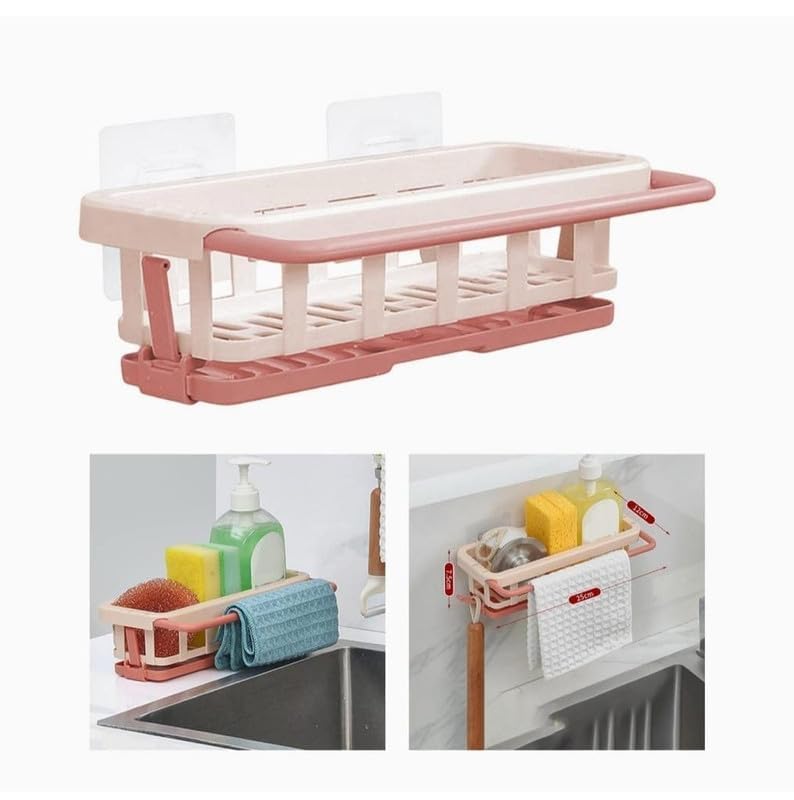Riviox Two Tone Hanging Drain Rack Retractable Storage Rack Sponge Drain Tray Kitchen Bathroom Sink Tray with Drying Basket Kitchen Storage Organizer Pack of 1Multicolor - Image 2
