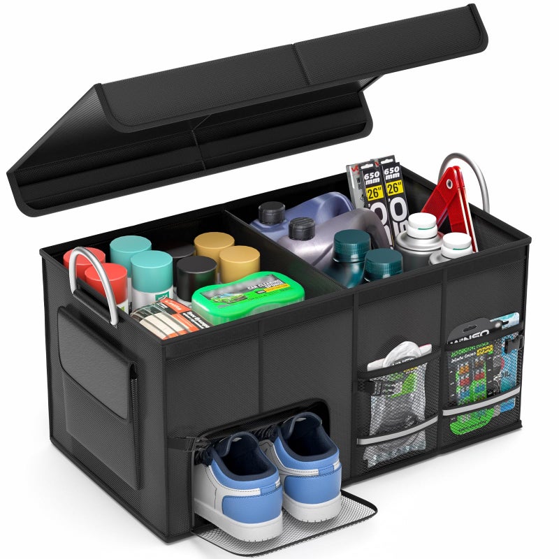Car Trunk Organizer for SUV with Lid 56L Collapsible Golf Trunk Organizer Multi Compartment Car Caddy Organizer Heavy Duty Grocery Organizer for Car Storage Bin Cargo Box for SUV Cargo Van Accessories