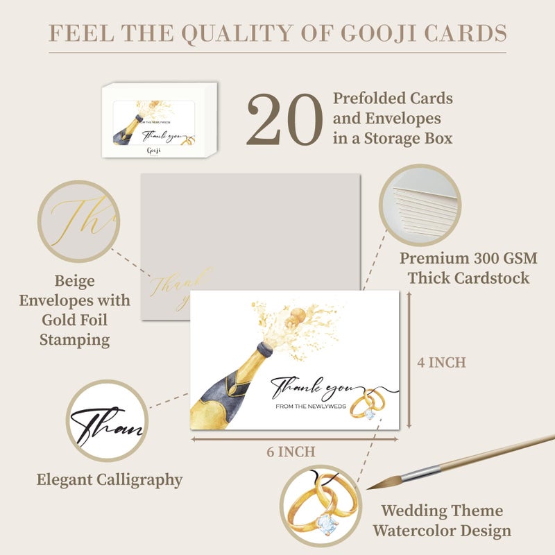 Gooji Wedding Thank You Cards with Matching Envelopes, 4x6 Inches, 20 Count, White and Beige - Image 2