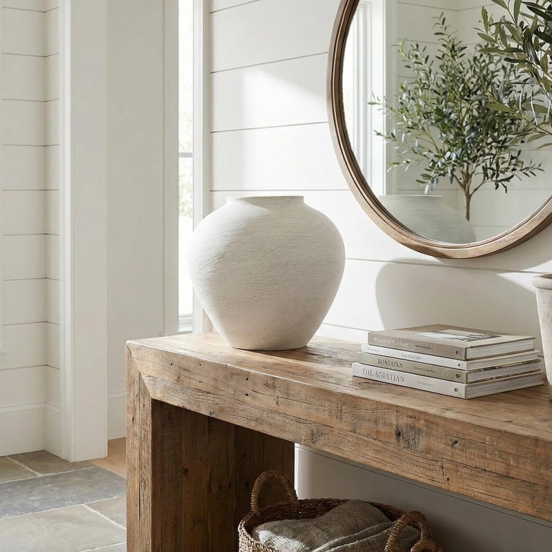 RyddeligHome Large White Vase for Centerpieces - 11" Wide Textured Stone Look Metal Flower Vase for Table Decor - Rustic Farmhouse Vases for Living Room Dining Room Home Decor - Image 3
