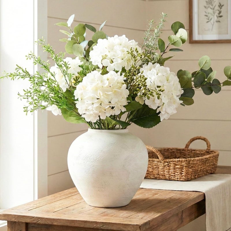 RyddeligHome Large White Vase for Centerpieces - 11" Wide Textured Stone Look Metal Flower Vase for Table Decor - Rustic Farmhouse Vases for Living Room Dining Room Home Decor - Image 5