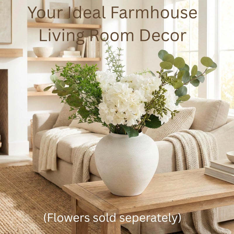 RyddeligHome Large White Vase for Centerpieces - 11" Wide Textured Stone Look Metal Flower Vase for Table Decor - Rustic Farmhouse Vases for Living Room Dining Room Home Decor - Image 2