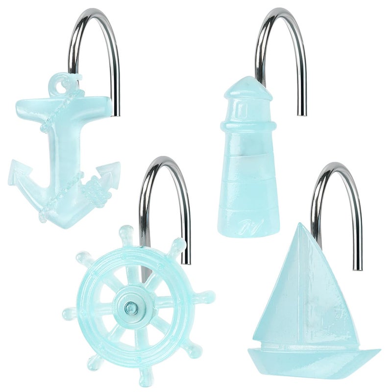 SIMPLE CLEVER HOMES 365 Nautical Shower Curtain Hooks Tropical Ocean Style Blue Anchor Rudder Sailboat and Lighthouse Glow in The Dark Summer Bathroom Decor Accessories Fun Voyage Unique Sea Theme