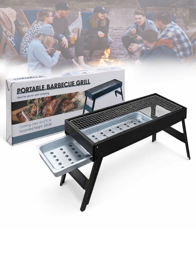DBLEW شواية فحم محمولة CharcoFlex 60 مع أرجل قابلة للطي، وصينية فحم قابلة للسحب، وسطح طهي واسع 60 سم لعدد 5-10 أشخاص، هيكل معدني متين، شبكة مطلية بالكروم، سهلة التجميع والتنظيف، شواية خارجية مدمجة مع مروحة يد لشواء في التخييم، النزهات، السفر، والتجمعات في الفناء الخلفي. - Image 1