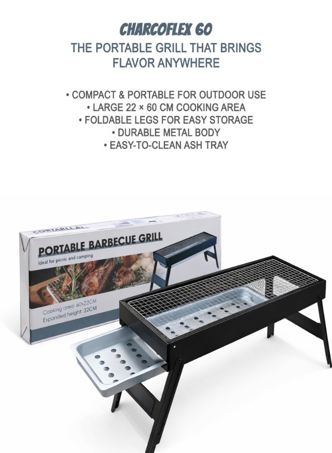 DBLEW شواية فحم محمولة CharcoFlex 60 مع أرجل قابلة للطي، وصينية فحم قابلة للسحب، وسطح طهي واسع 60 سم لعدد 5-10 أشخاص، هيكل معدني متين، شبكة مطلية بالكروم، سهلة التجميع والتنظيف، شواية خارجية مدمجة مع مروحة يد لشواء في التخييم، النزهات، السفر، والتجمعات في الفناء الخلفي. - Image 2