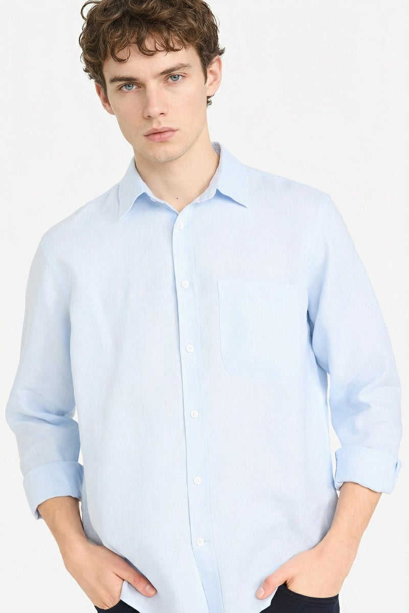 DeFacto Blue Man 100% Linen Shirt Casual - Image 3