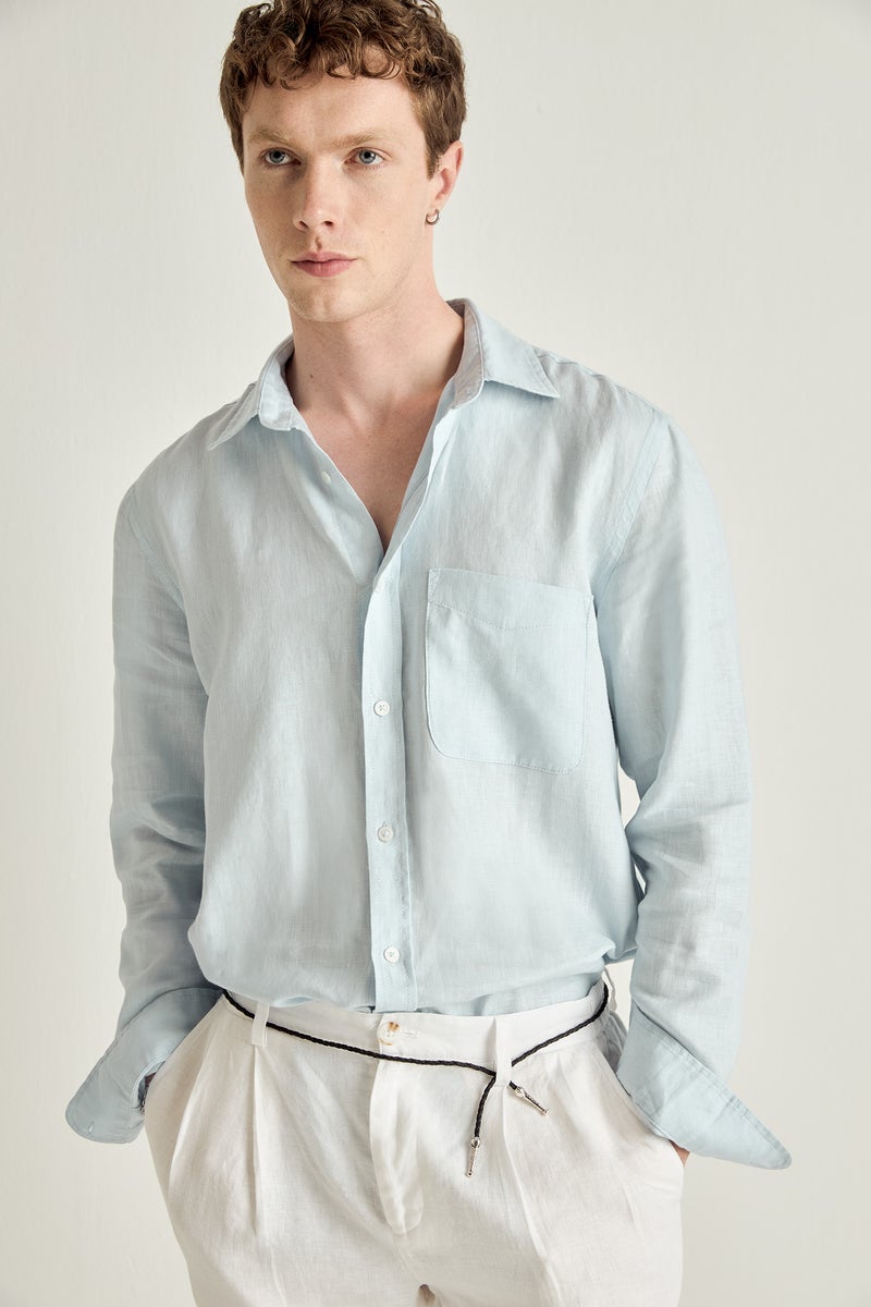 DeFacto Blue Man 100% Linen Shirt Casual - Image 1