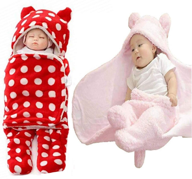 BRANDONN Flannel New Born Hooded Wearable Baby Blanket Cum Baby Wrapper for Babies - Combo of 2 (Multicolor, 76 X 68 cm) - Image 1