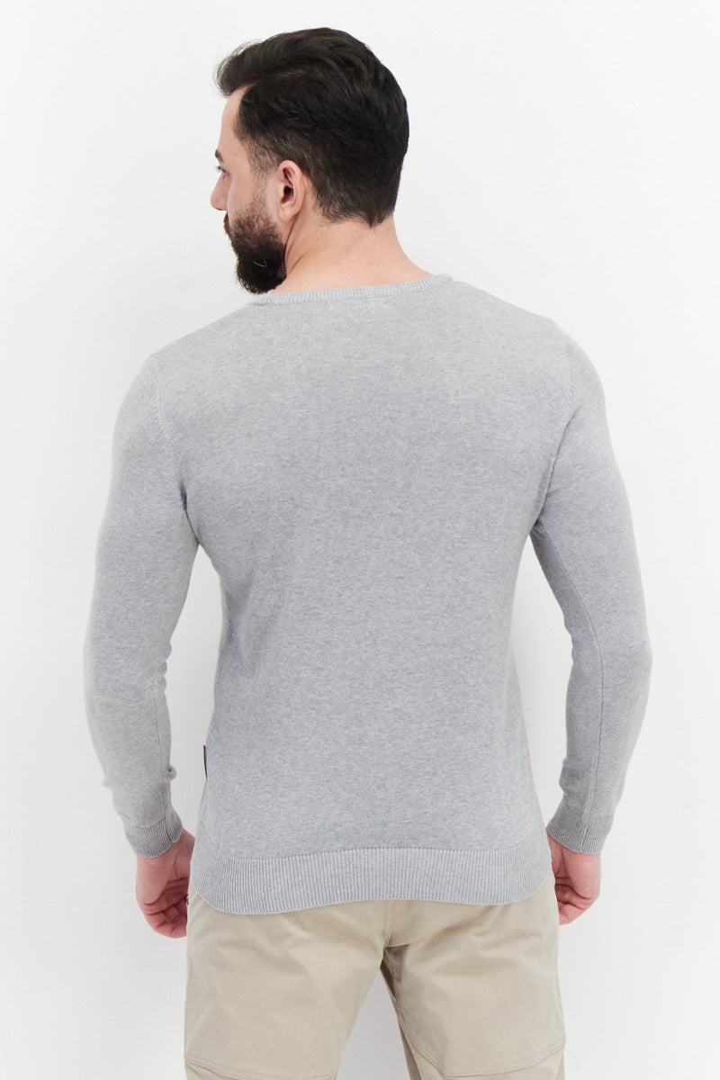 Men Round Neck Plain Long Sleeves Sweatshirt, Grey
