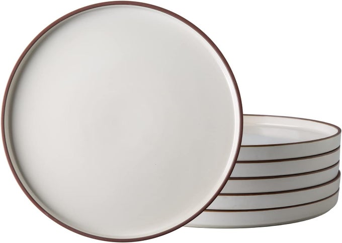 DINNER PLATES1075 INCH CERAMIC FLAT PLATES SET OF 6HIGH EDGE MODERN PLATES FOR KITCHENMICROWAVE DISHWASHER OVEN SAFE SCRATCH RESISTANT DISHES SETWHITE WITH RIM