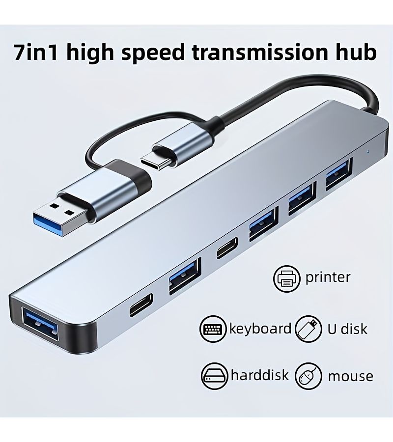 7 In 1 Usb C Hub High Speed Data Transfer 5V Power Mode For Tablet Printer Keyboard Mouse - Image 1