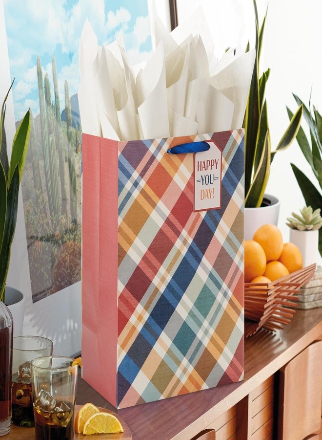 Hallmark 17" Extra Large Plaid Gift Bag with Tissue Paper and Gift Tag (Happy You Day) for Birthdays, Father's Day, Graduations - Image 2