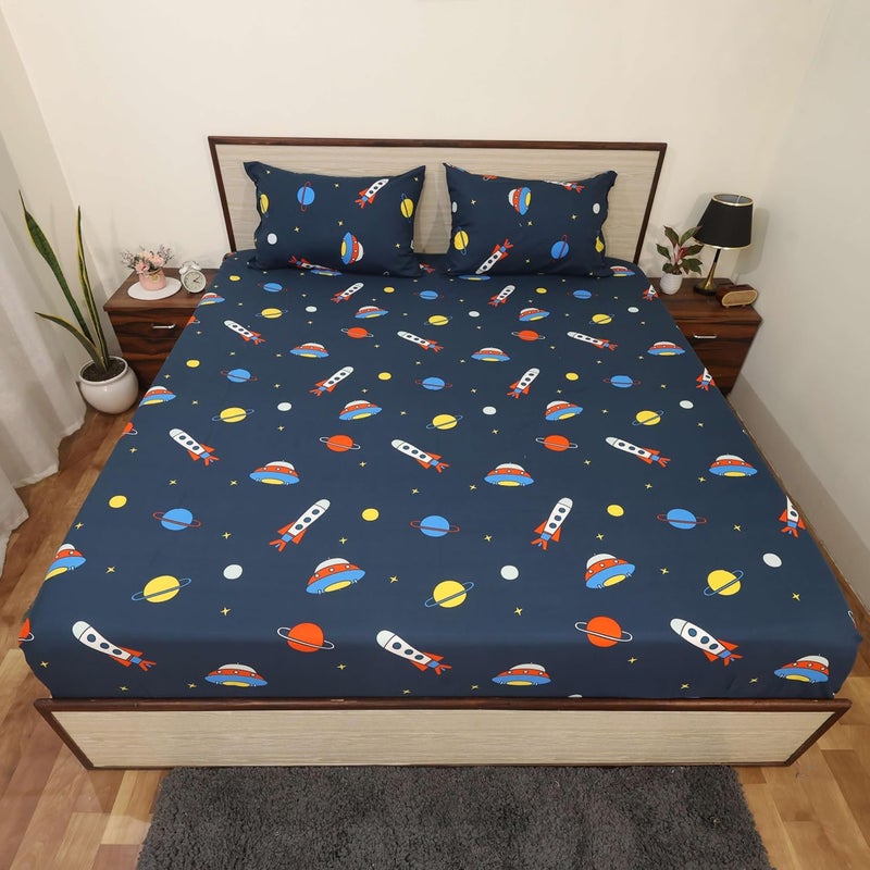 Cottington Lane Cottington Lane Microfiber 144 TC Printed Bedsheet for King Bed with 2 Pillow Covers for Summer Breathable Soft Wrinklefree Soft Touch Skin Friendly102x108 Inches Planet Spaceship 