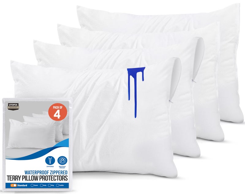 Utopia Bedding Waterproof Pillow Protectors with Zipper Standard Size 4 Pack Terry Pillow Covers Bed Bug and Dust Mite Proof