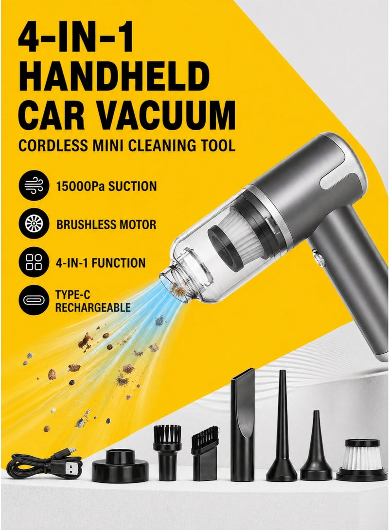 باندا مكنسة سيارة يدوية، شفط 15000 باسكال، مكنسة صغيرة لاسلكية مع منفاخ هواء 4 في 1، قابلة للشحن عبر Type-C بمحرك بدون فرش للسيارة والمنزل والمكتب - Image 1
