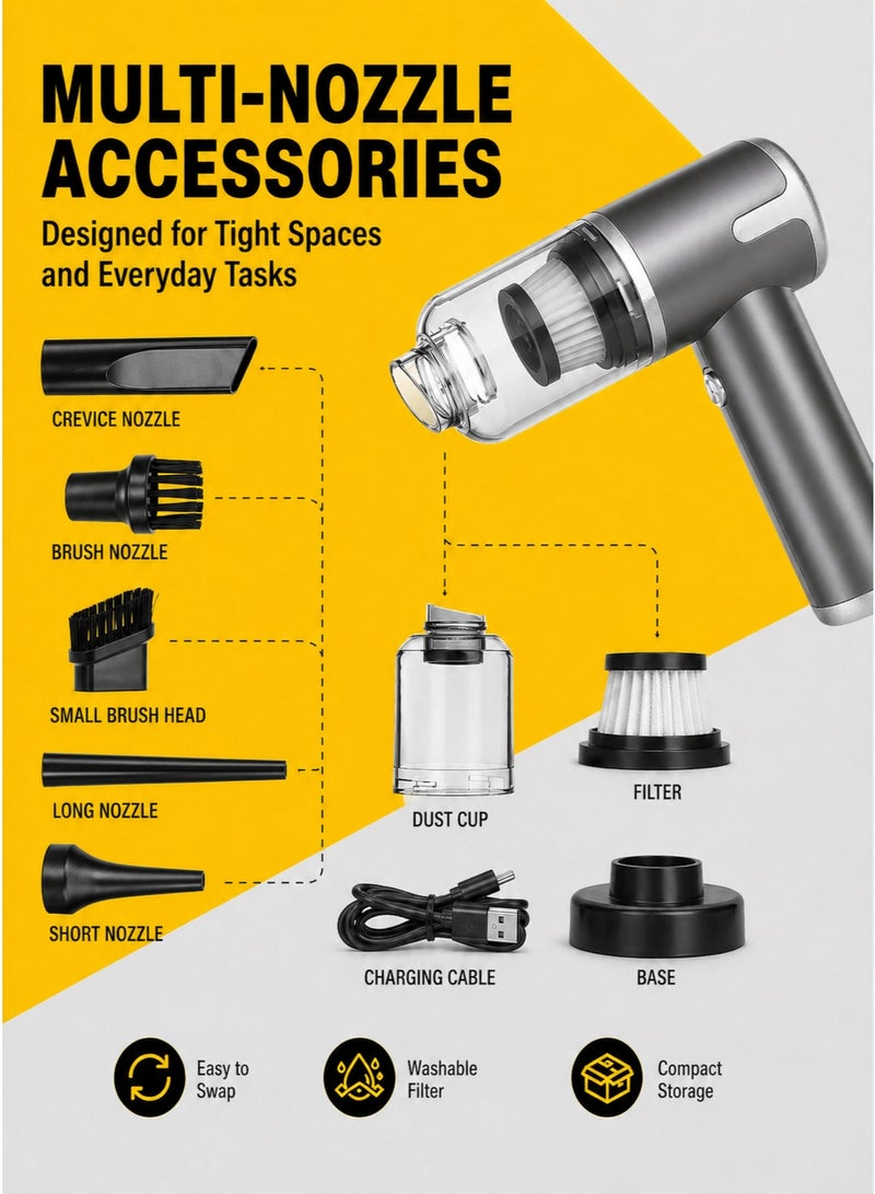 باندا مكنسة سيارة يدوية، شفط 15000 باسكال، مكنسة صغيرة لاسلكية مع منفاخ هواء 4 في 1، قابلة للشحن عبر Type-C بمحرك بدون فرش للسيارة والمنزل والمكتب - Image 4