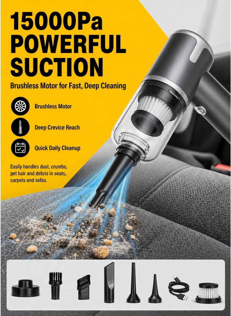 باندا مكنسة سيارة يدوية، شفط 15000 باسكال، مكنسة صغيرة لاسلكية مع منفاخ هواء 4 في 1، قابلة للشحن عبر Type-C بمحرك بدون فرش للسيارة والمنزل والمكتب - Image 2