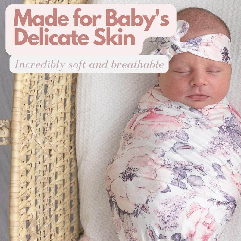 Vollmic Newborn Baby Girl Receiving Blanket Swaddle Blanket Stretchy Knit Swaddle Set with Matching Headband and Beanie (Ink Pink) - Image 4