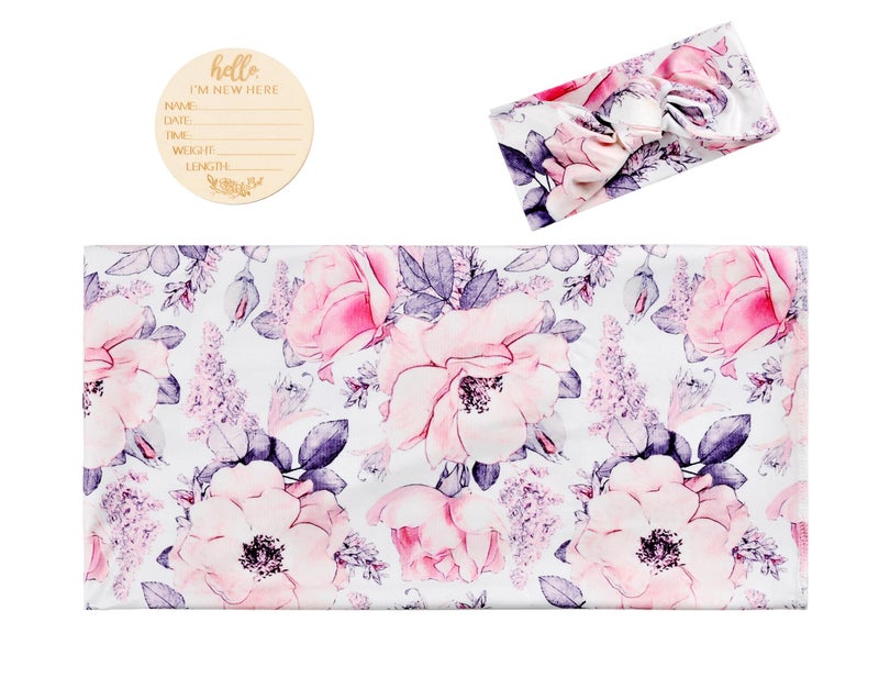 Vollmic Newborn Baby Girl Receiving Blanket Swaddle Blanket Stretchy Knit Swaddle Set with Matching Headband and Beanie (Ink Pink) - Image 2