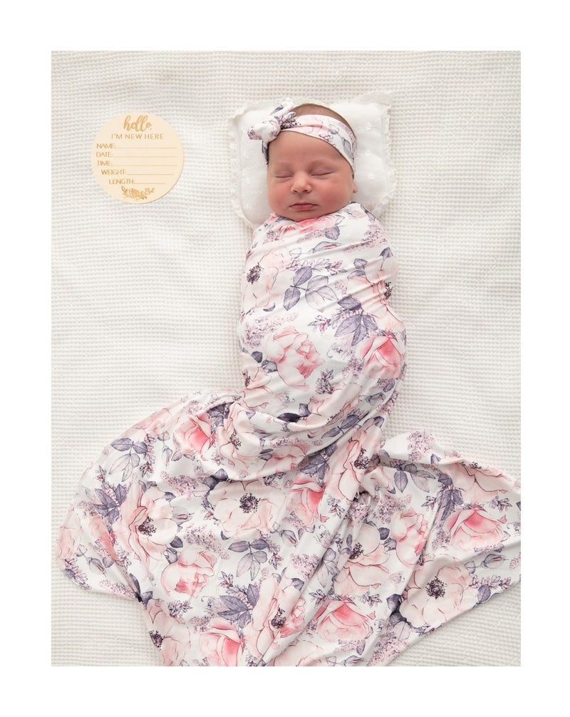 Vollmic Newborn Baby Girl Receiving Blanket Swaddle Blanket Stretchy Knit Swaddle Set with Matching Headband and Beanie (Ink Pink) - Image 1