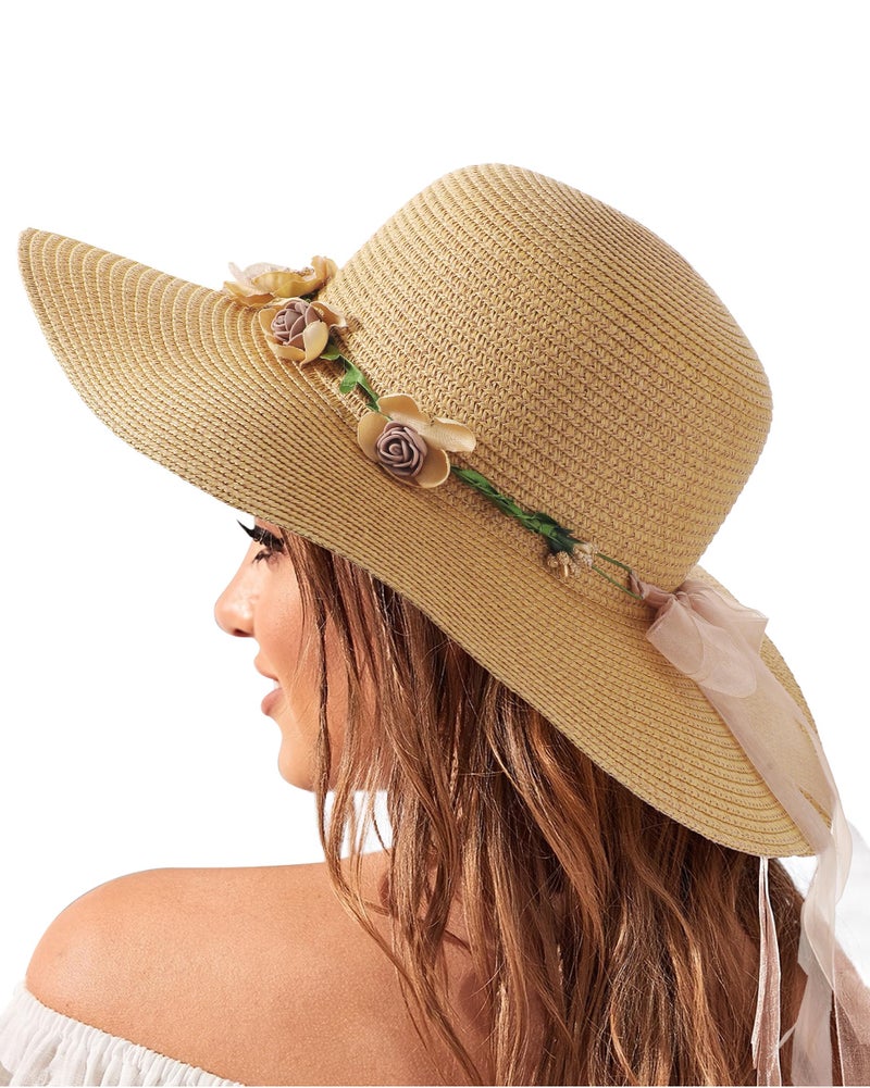 TOBEHIGHER Sun Hats for Women Wide Brim Beach Hat Straw Visor Ponytail Summer UV Packable Foldable Beach Vacation Essentials Brown Khaki - Image 1