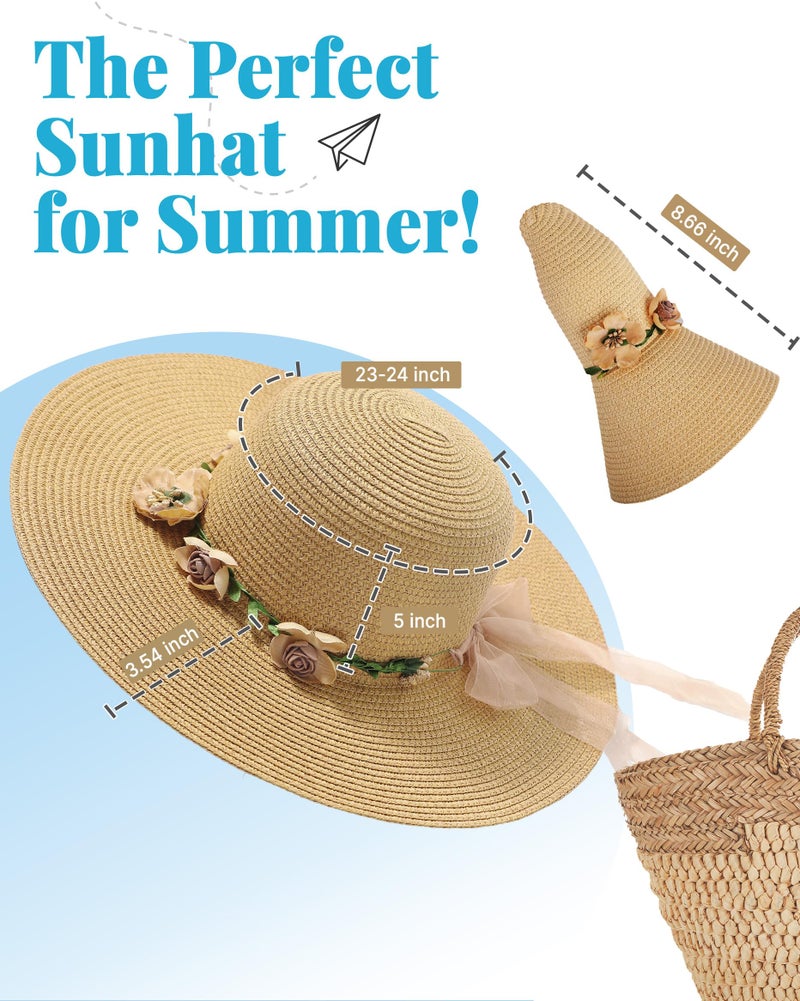 TOBEHIGHER Sun Hats for Women Wide Brim Beach Hat Straw Visor Ponytail Summer UV Packable Foldable Beach Vacation Essentials Brown Khaki - Image 2