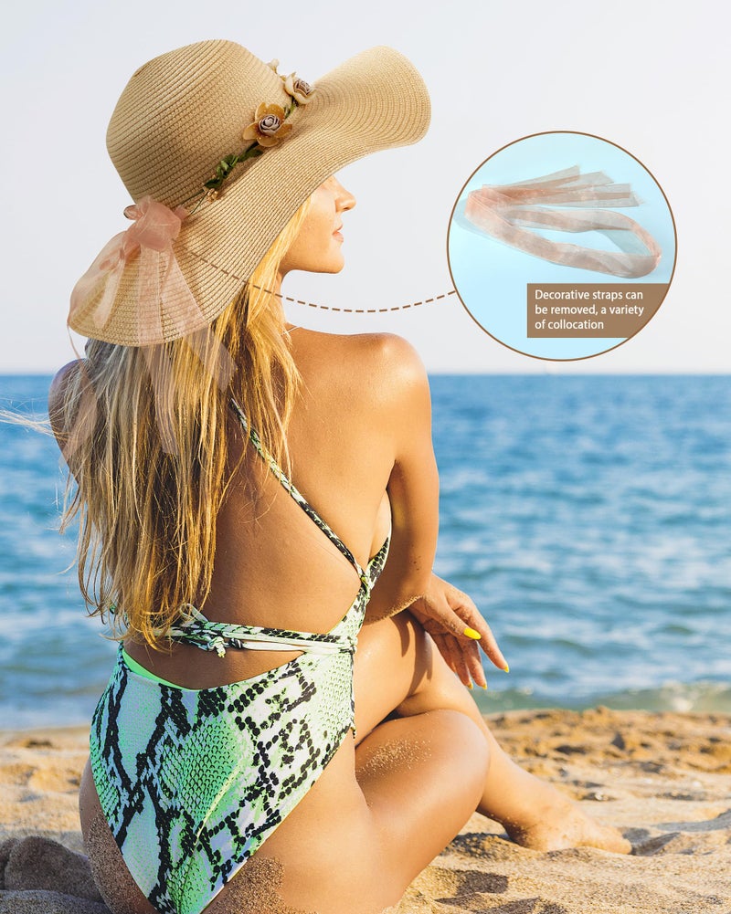 TOBEHIGHER Sun Hats for Women Wide Brim Beach Hat Straw Visor Ponytail Summer UV Packable Foldable Beach Vacation Essentials Brown Khaki - Image 3