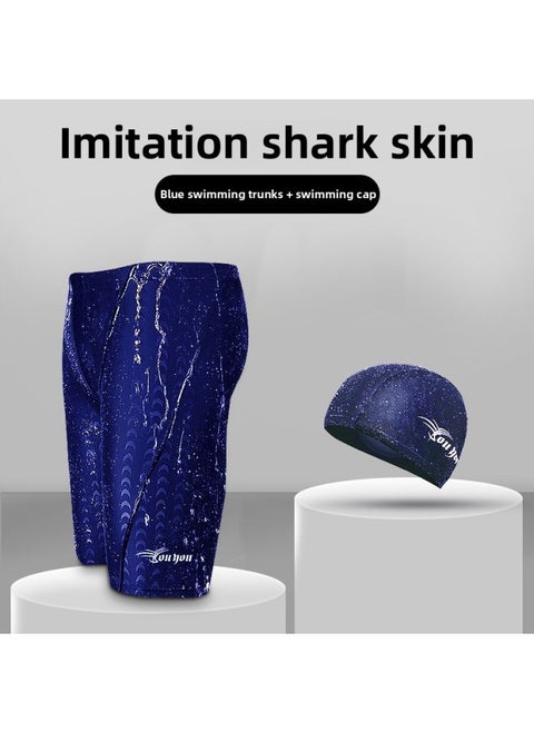 Swimming Trunks Men's Five-point Anti-embarrassment Boxer Quick-drying Plus Size Swimming Equipment Suit Swimming Trunks Swimming Cap Swimming Goggles Three-piece Set-Color:Navy Blue Five Points + Swimming Cap-