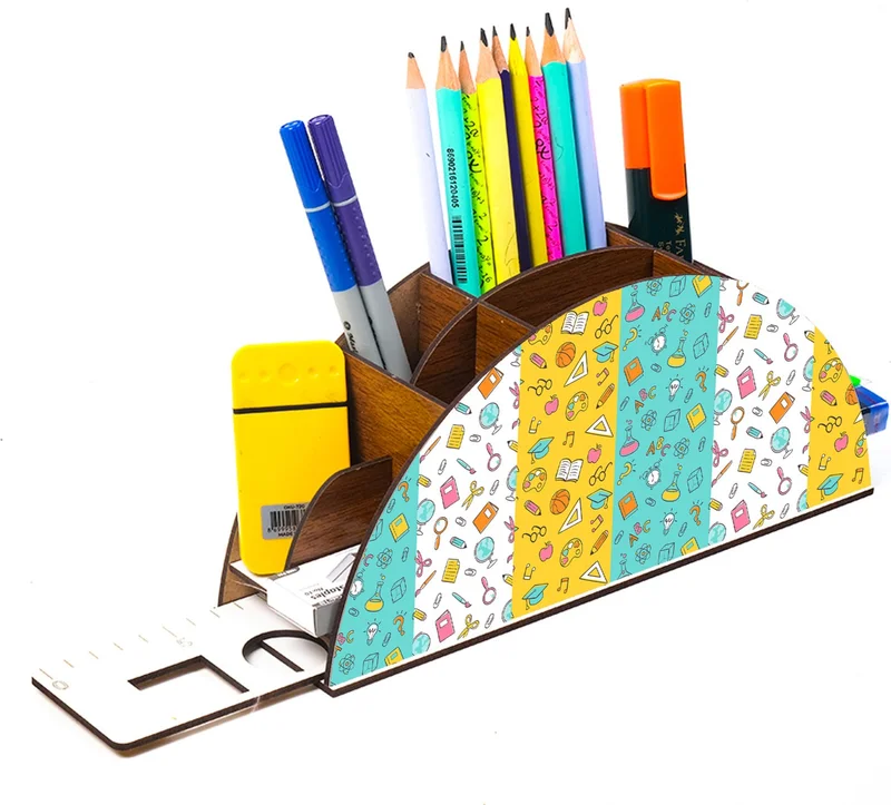 نوتبا Wooden Stationery Icon Rainbow Ruler Desktop Pen Holder Box Organizer For Kids GK114