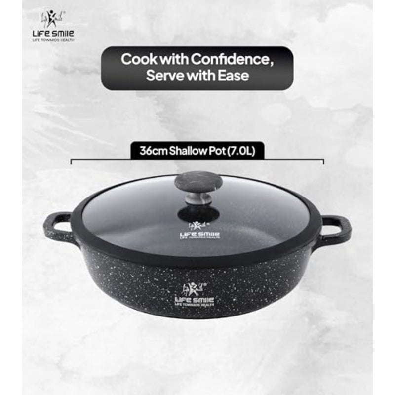 Induction-compatible shallow cooking pot for everyday use, granite nonstick coating, black color, scratch-resistant and easy-clean surface - Image 3