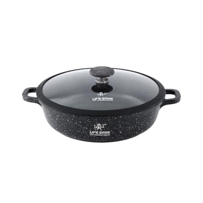 Induction-compatible shallow cooking pot for everyday use, granite nonstick coating, black color, scratch-resistant and easy-clean surface - Image 1