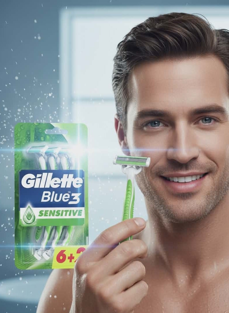شفرات حلاقة جيليت بلو 3 الحساسة للاستعمال مرة واحدة 3 شفرات 6+2 مجانا - Image 3