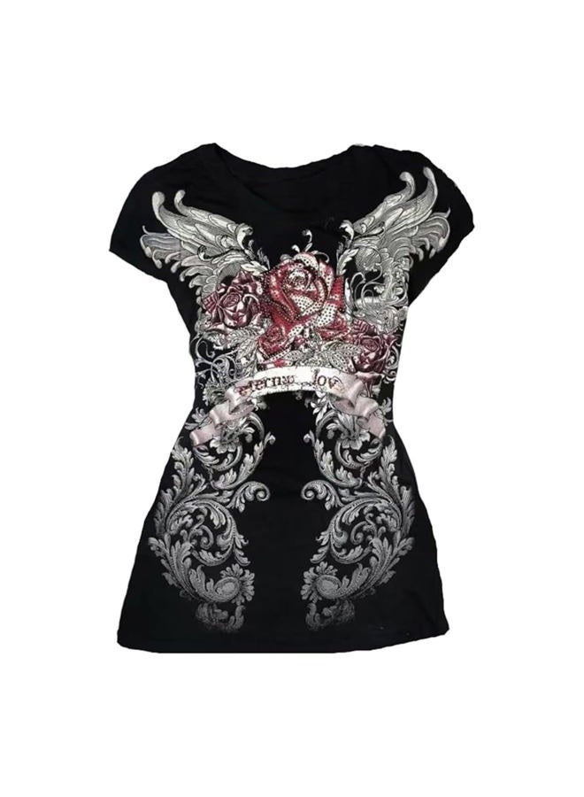 MANGMAO Grunge Shirts 2000s Clothing Women Vintage Graphic Tees Y2k Short Sleeve Goth Tops Teens Emo Clothes Streetwear, Black Red, S - Image 1