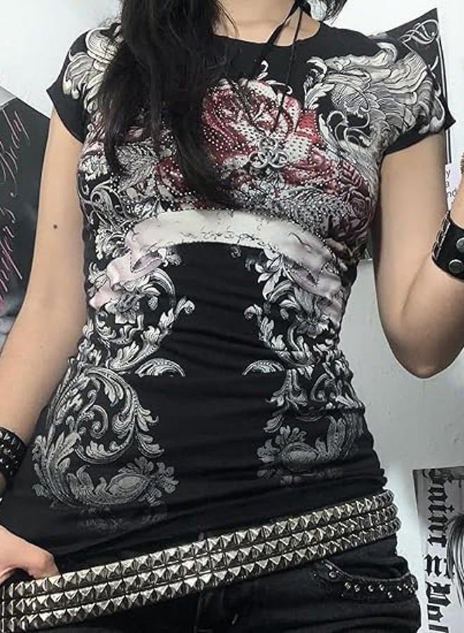 MANGMAO Grunge Shirts 2000s Clothing Women Vintage Graphic Tees Y2k Short Sleeve Goth Tops Teens Emo Clothes Streetwear, Black Red, S - Image 5