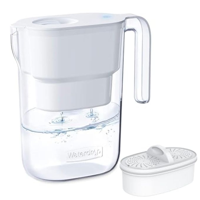 Waterdrop Water Filter Pitcher with 1 Filter, 5X Times Lifetime, Lasts 200 Gallons, for Fridge, Countertop and Gift, Reduces PFOA/PFOS, Chlorine, 7-Cup Capacity, Elfin, White