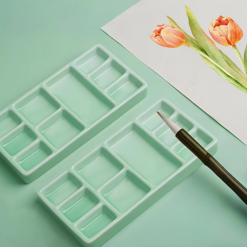 Generic Ceramic Palette Set, 7 in Green Porcelain Watercolor Painting Mixing Tray, Grid Layout, 2 Count - Image 2