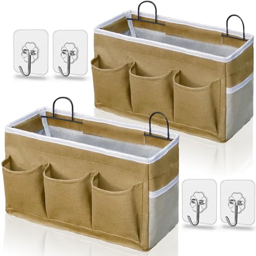 Kanrichu 2pcs 3pockets Large Wall Hanging Organizer Bag Linen Fabric Door Hanging Storage Baskets with Pockets Waterproof Bin for Kitchen Bedroom Office RV Camper Khaki2pcs - Image 1