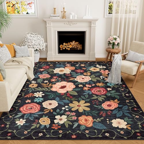 DUKINO 8x10 Area Rug Floral Rugs for Living Room Lightweight Non Slip Washable Rug Indoor Low Pile NonShedding Boho Design Rugs for Bedroom Living Room Dining Room Black - Image 1