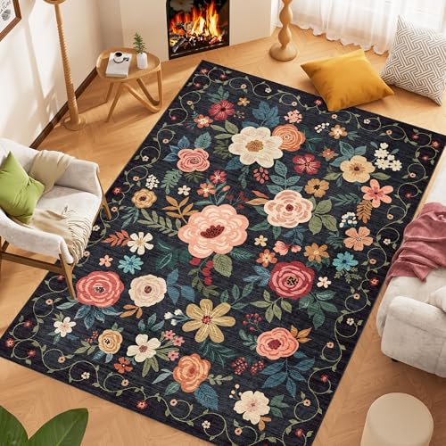 DUKINO 8x10 Area Rug Floral Rugs for Living Room Lightweight Non Slip Washable Rug Indoor Low Pile NonShedding Boho Design Rugs for Bedroom Living Room Dining Room Black - Image 3